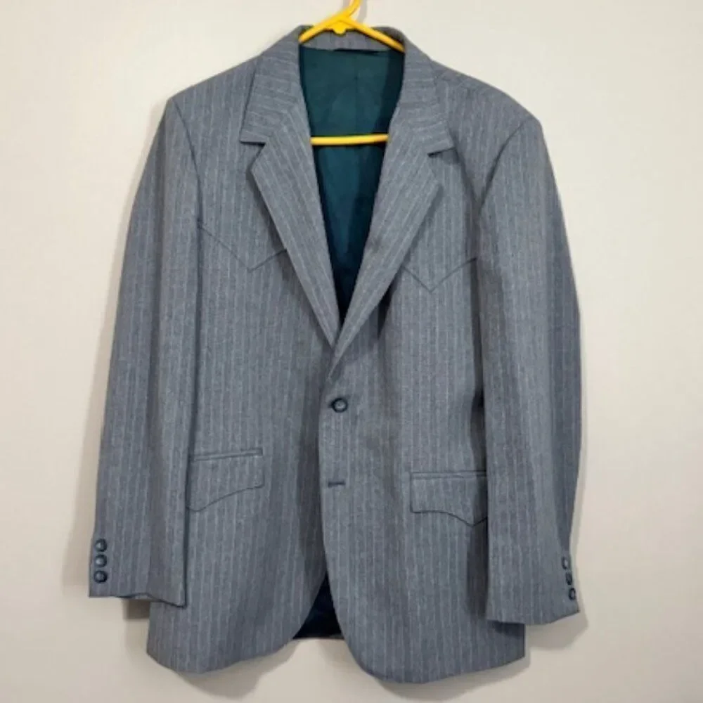 USED Men's Circle S Long Sleeve Blazer Jacket Size 42R Color Grey Lining Green